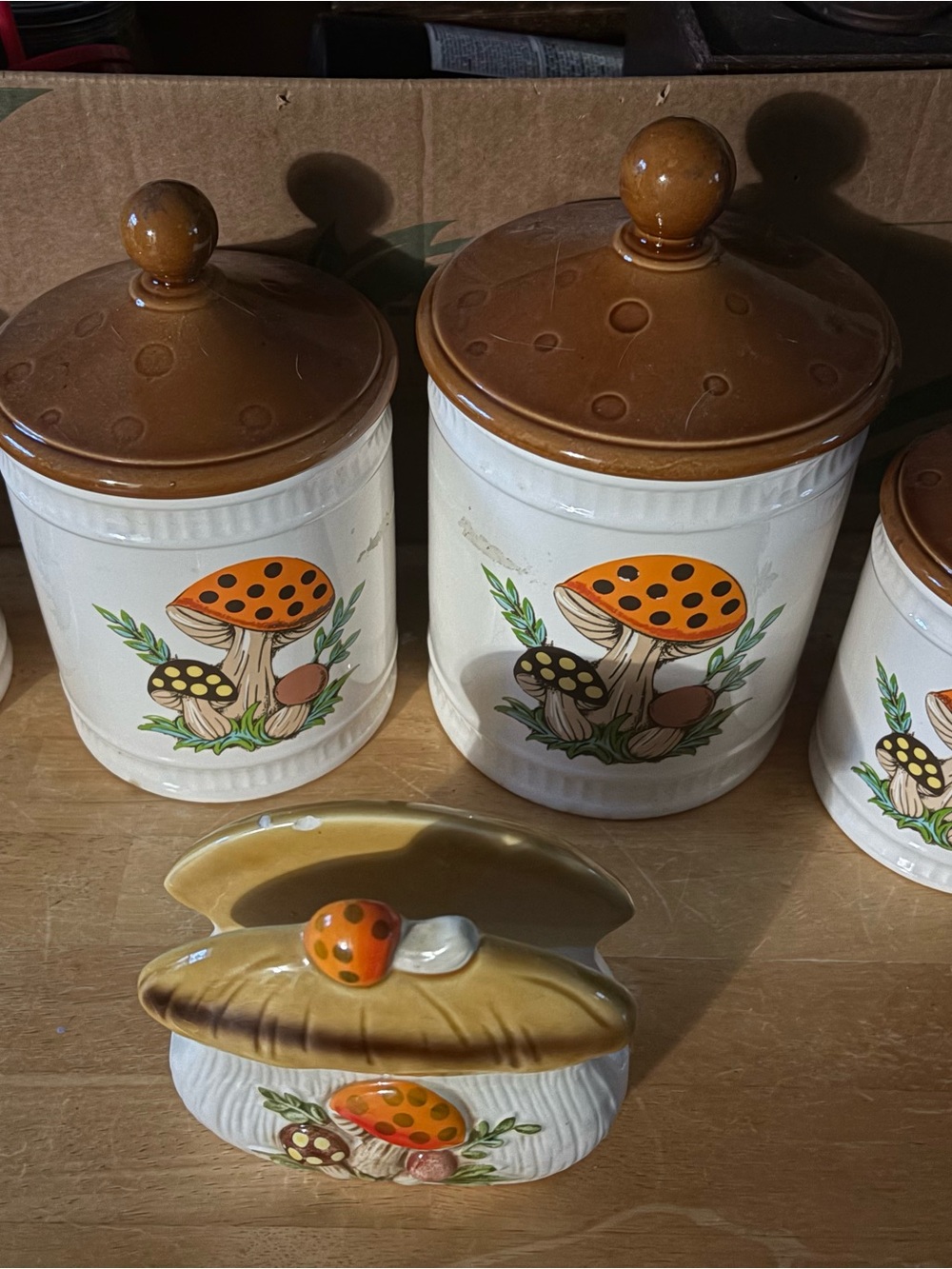 Vintage-Inspired Ceramic Canister Set with Orange Mushroom Motif and Brown Lids